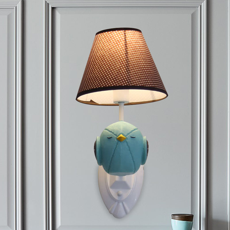 Pink/Blue Bird Wall Mount Light Cartoon 1 Head Resin Sconce Lamp Fixture with Cone Brown Fabric Shade Blue Clearhalo 'Wall Lamps & Sconces' 'Wall Lights' Lighting' 702176