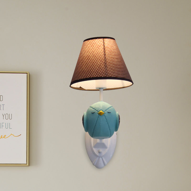 Pink/Blue Bird Wall Mount Light Cartoon 1 Head Resin Sconce Lamp Fixture with Cone Brown Fabric Shade Clearhalo 'Wall Lamps & Sconces' 'Wall Lights' Lighting' 702177