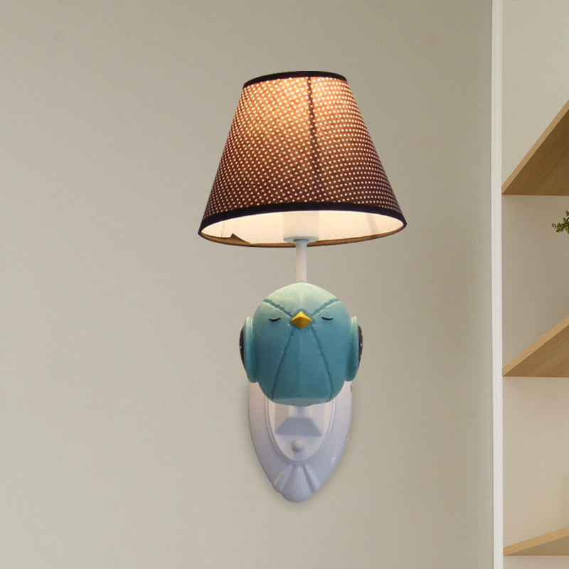 Pink/Blue Bird Wall Mount Light Cartoon 1 Head Resin Sconce Lamp Fixture with Cone Brown Fabric Shade Clearhalo 'Wall Lamps & Sconces' 'Wall Lights' Lighting' 702178