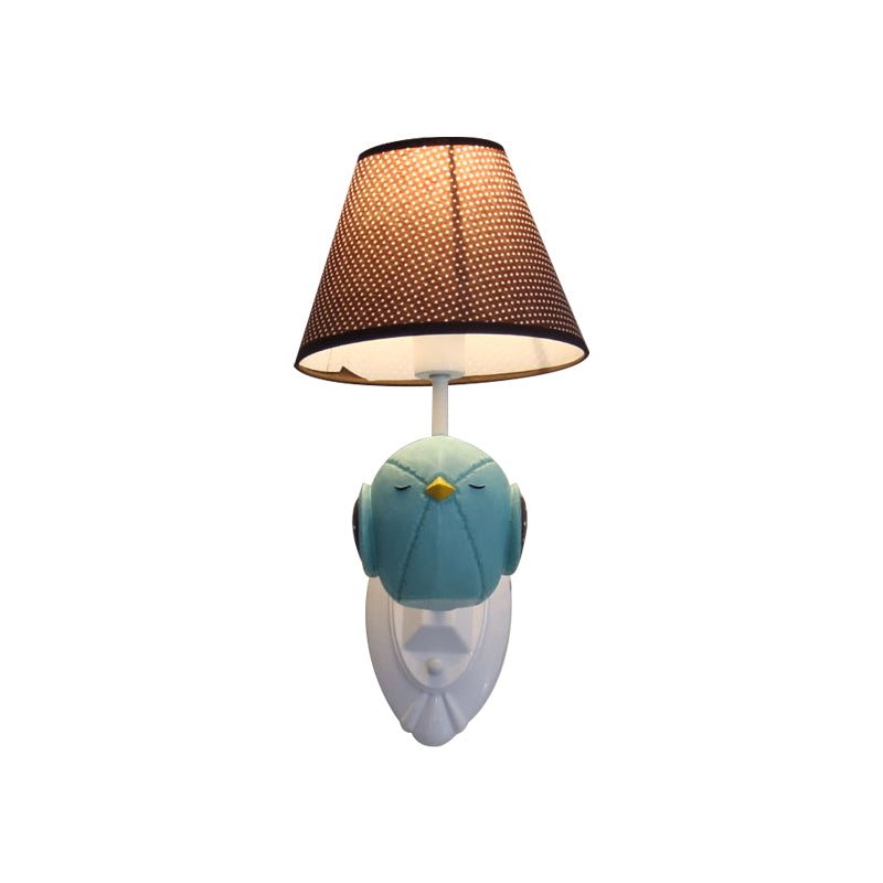 Pink/Blue Bird Wall Mount Light Cartoon 1 Head Resin Sconce Lamp Fixture with Cone Brown Fabric Shade Clearhalo 'Wall Lamps & Sconces' 'Wall Lights' Lighting' 702179