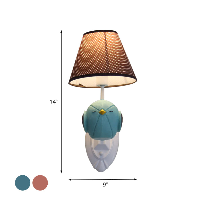 Pink/Blue Bird Wall Mount Light Cartoon 1 Head Resin Sconce Lamp Fixture with Cone Brown Fabric Shade Clearhalo 'Wall Lamps & Sconces' 'Wall Lights' Lighting' 702180