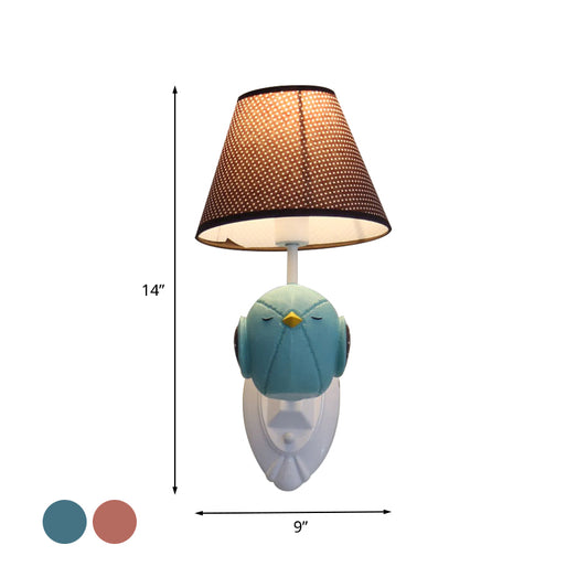 Pink/Blue Bird Wall Mount Light Cartoon 1 Head Resin Sconce Lamp Fixture with Cone Brown Fabric Shade Clearhalo 'Wall Lamps & Sconces' 'Wall Lights' Lighting' 702180