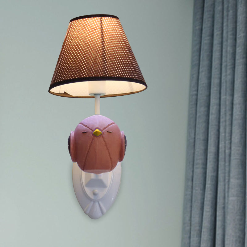 Pink/Blue Bird Wall Mount Light Cartoon 1 Head Resin Sconce Lamp Fixture with Cone Brown Fabric Shade Pink Clearhalo 'Wall Lamps & Sconces' 'Wall Lights' Lighting' 702181