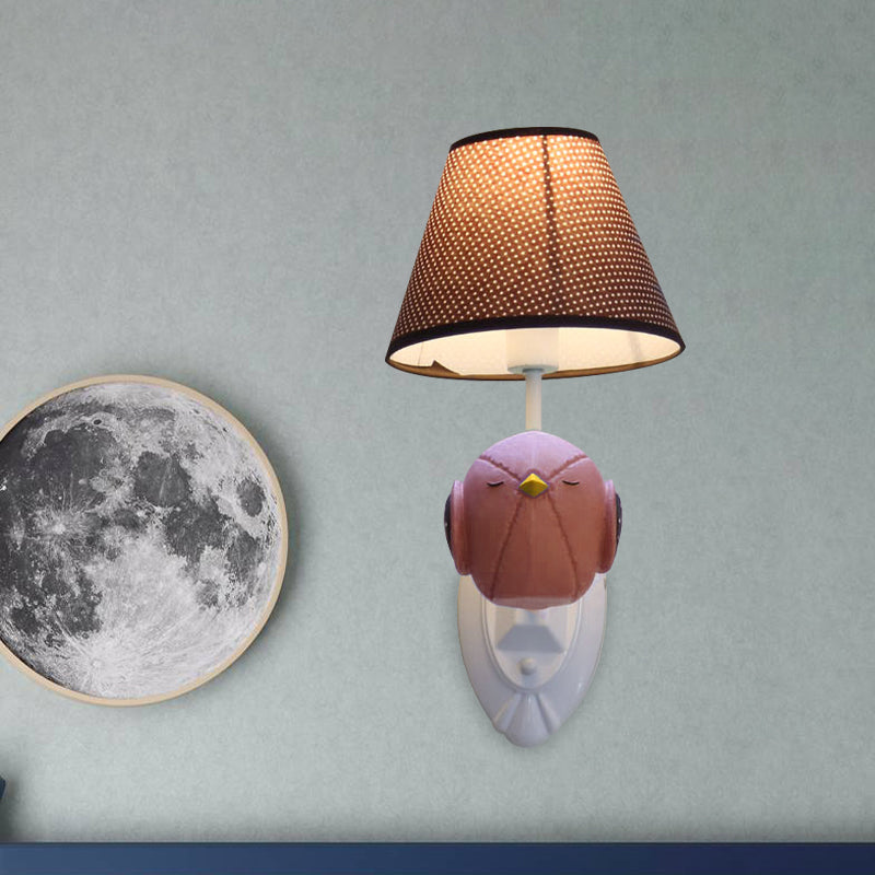 Pink/Blue Bird Wall Mount Light Cartoon 1 Head Resin Sconce Lamp Fixture with Cone Brown Fabric Shade Clearhalo 'Wall Lamps & Sconces' 'Wall Lights' Lighting' 702182