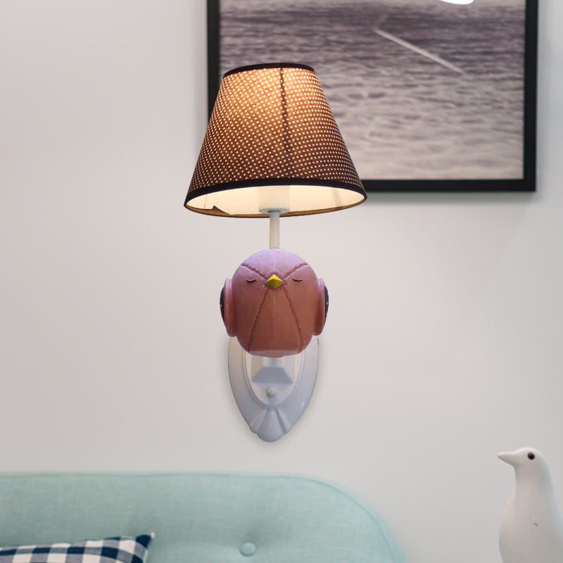 Pink/Blue Bird Wall Mount Light Cartoon 1 Head Resin Sconce Lamp Fixture with Cone Brown Fabric Shade Clearhalo 'Wall Lamps & Sconces' 'Wall Lights' Lighting' 702183