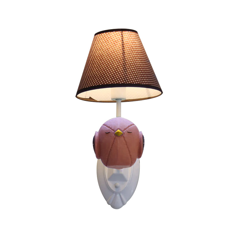 Pink/Blue Bird Wall Mount Light Cartoon 1 Head Resin Sconce Lamp Fixture with Cone Brown Fabric Shade Clearhalo 'Wall Lamps & Sconces' 'Wall Lights' Lighting' 702184