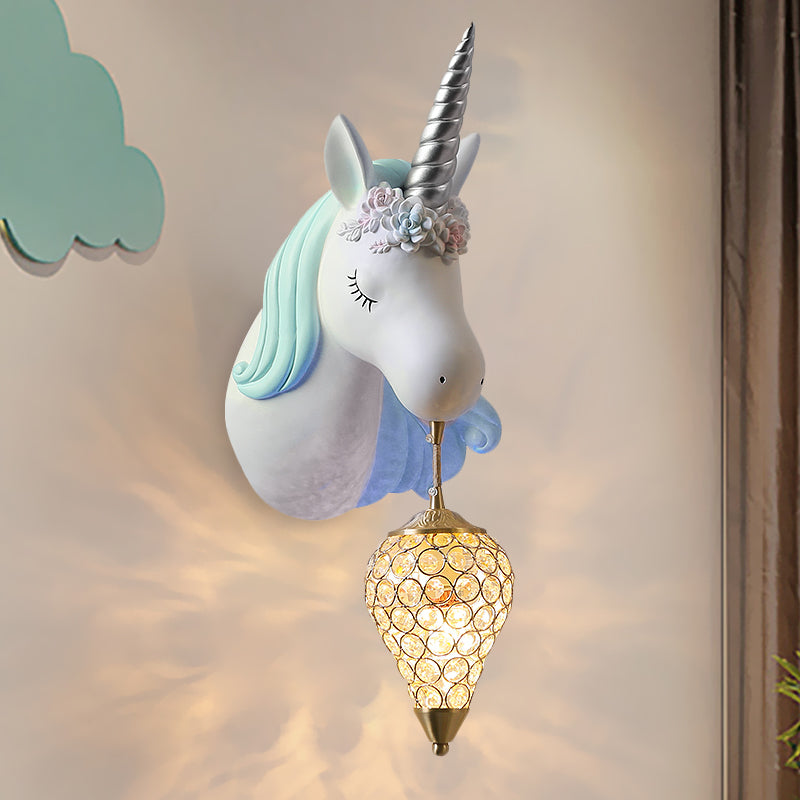 Blue/Pink Teardrop Wall Light Sconce Cartoon 1 Head Crystal Wall Mount Lamp with Unicorn Backplate, Right/Left Blue Right Clearhalo 'Wall Lamps & Sconces' 'Wall Lights' Lighting' 702195