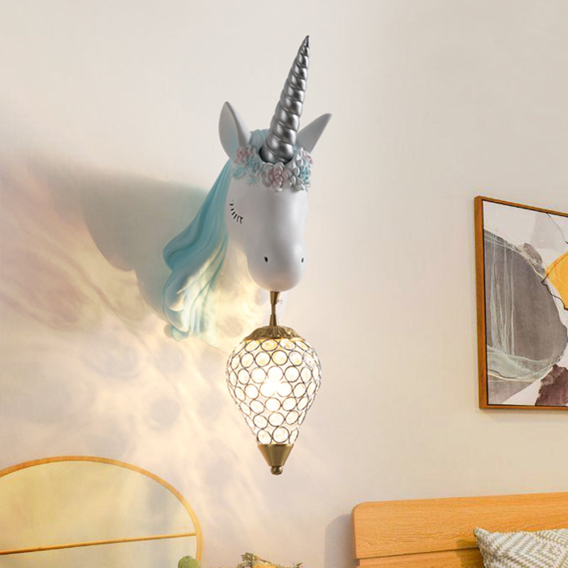 Blue/Pink Teardrop Wall Light Sconce Cartoon 1 Head Crystal Wall Mount Lamp with Unicorn Backplate, Right/Left Clearhalo 'Wall Lamps & Sconces' 'Wall Lights' Lighting' 702197