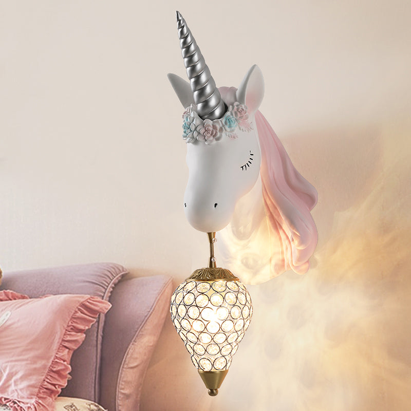 Blue/Pink Teardrop Wall Light Sconce Cartoon 1 Head Crystal Wall Mount Lamp with Unicorn Backplate, Right/Left Pink Left Clearhalo 'Wall Lamps & Sconces' 'Wall Lights' Lighting' 702200