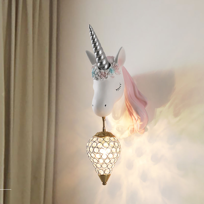 Blue/Pink Teardrop Wall Light Sconce Cartoon 1 Head Crystal Wall Mount Lamp with Unicorn Backplate, Right/Left Clearhalo 'Wall Lamps & Sconces' 'Wall Lights' Lighting' 702201