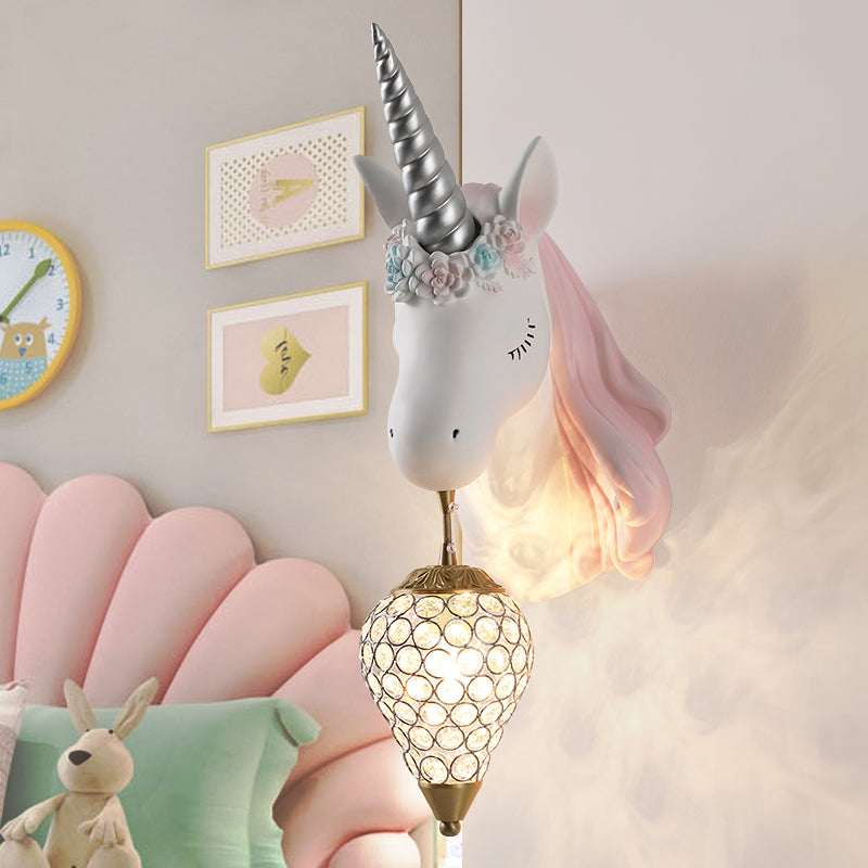 Blue/Pink Teardrop Wall Light Sconce Cartoon 1 Head Crystal Wall Mount Lamp with Unicorn Backplate, Right/Left Clearhalo 'Wall Lamps & Sconces' 'Wall Lights' Lighting' 702202