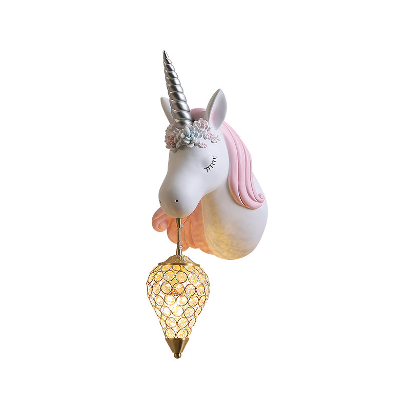 Blue/Pink Teardrop Wall Light Sconce Cartoon 1 Head Crystal Wall Mount Lamp with Unicorn Backplate, Right/Left Clearhalo 'Wall Lamps & Sconces' 'Wall Lights' Lighting' 702203