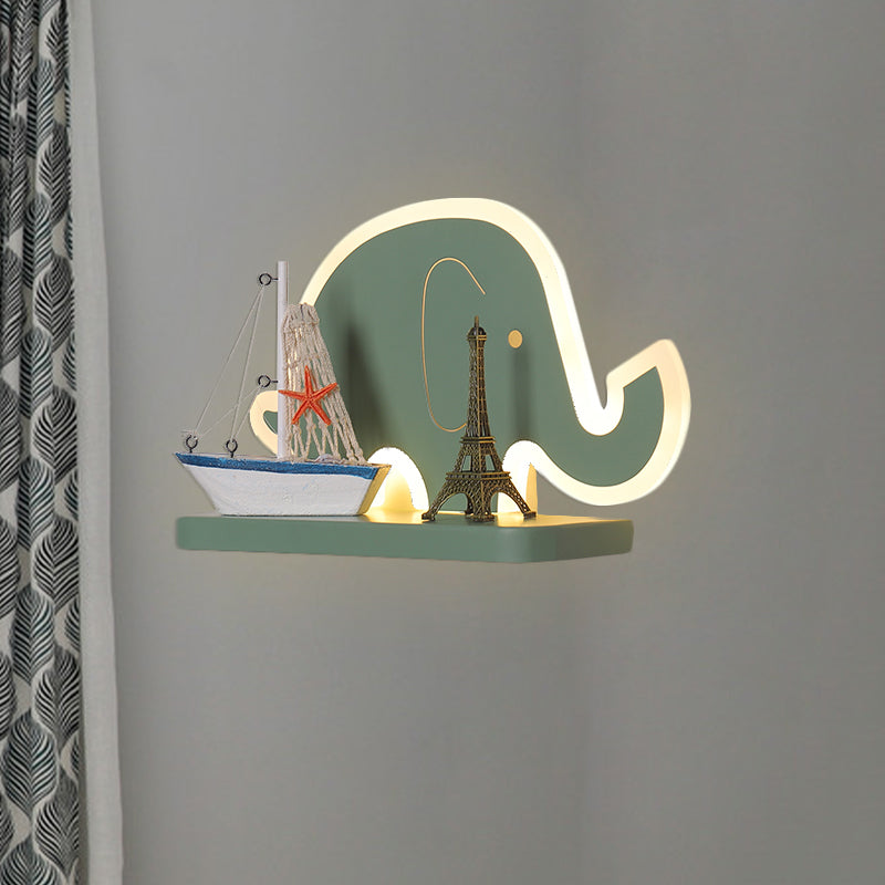 Acrylic Elephant/Aircraft/Gourd Sconce Light Cartoon LED Wall Mounted Lamp with Storage Desk in Pewter/Yellow/Blue, White/Warm Light Pewter Clearhalo 'Wall Lamps & Sconces' 'Wall Lights' Lighting' 702229