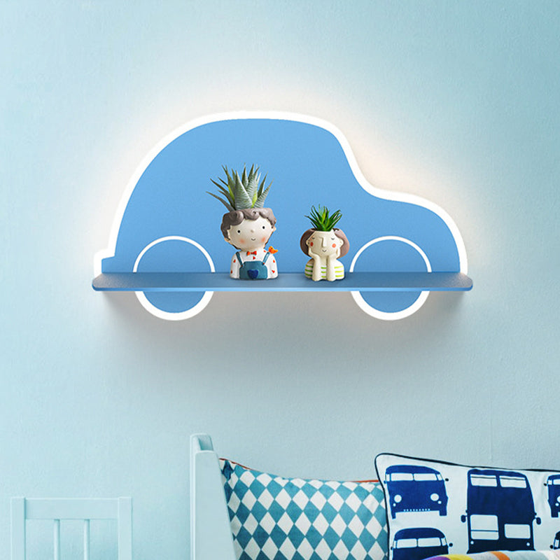 Iron Coconut Tree/Car/Airplane Wall Lighting Cartoon LED Blue/Pink Sconce Lamp Fixture with Storage Desk in White/Warm Light Blue Car Clearhalo 'Wall Lamps & Sconces' 'Wall Lights' Lighting' 702239