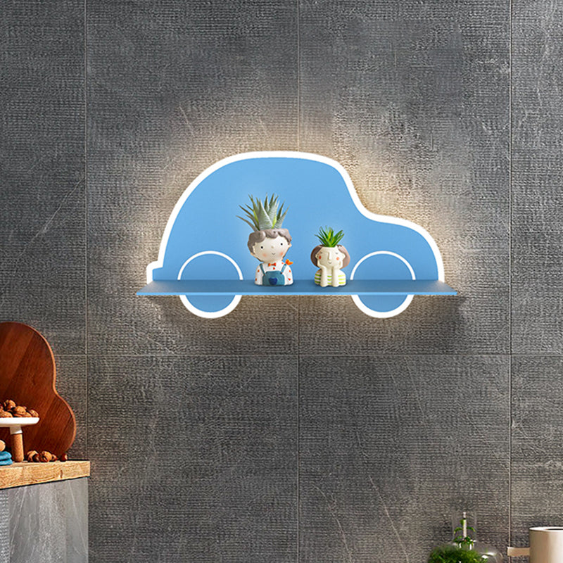 Iron Coconut Tree/Car/Airplane Wall Lighting Cartoon LED Blue/Pink Sconce Lamp Fixture with Storage Desk in White/Warm Light Clearhalo 'Wall Lamps & Sconces' 'Wall Lights' Lighting' 702240