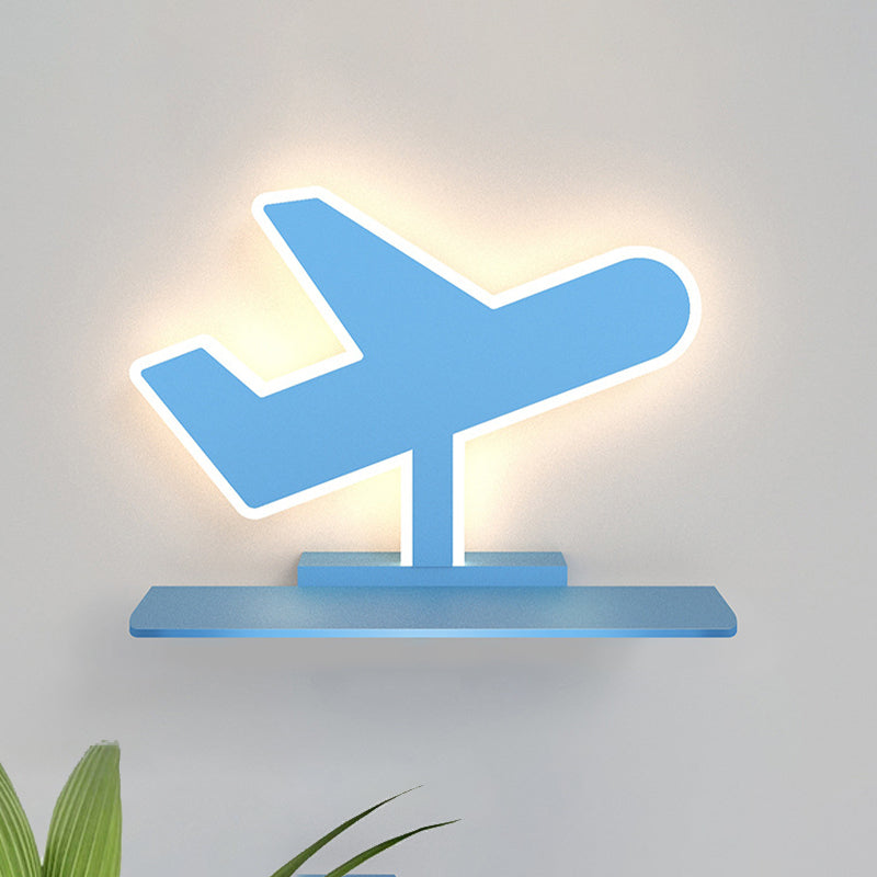 Iron Coconut Tree/Car/Airplane Wall Lighting Cartoon LED Blue/Pink Sconce Lamp Fixture with Storage Desk in White/Warm Light Blue Airplane Clearhalo 'Wall Lamps & Sconces' 'Wall Lights' Lighting' 702244