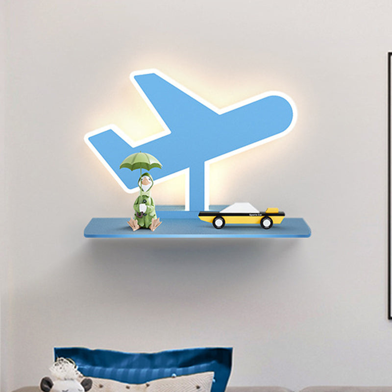 Iron Coconut Tree/Car/Airplane Wall Lighting Cartoon LED Blue/Pink Sconce Lamp Fixture with Storage Desk in White/Warm Light Clearhalo 'Wall Lamps & Sconces' 'Wall Lights' Lighting' 702245