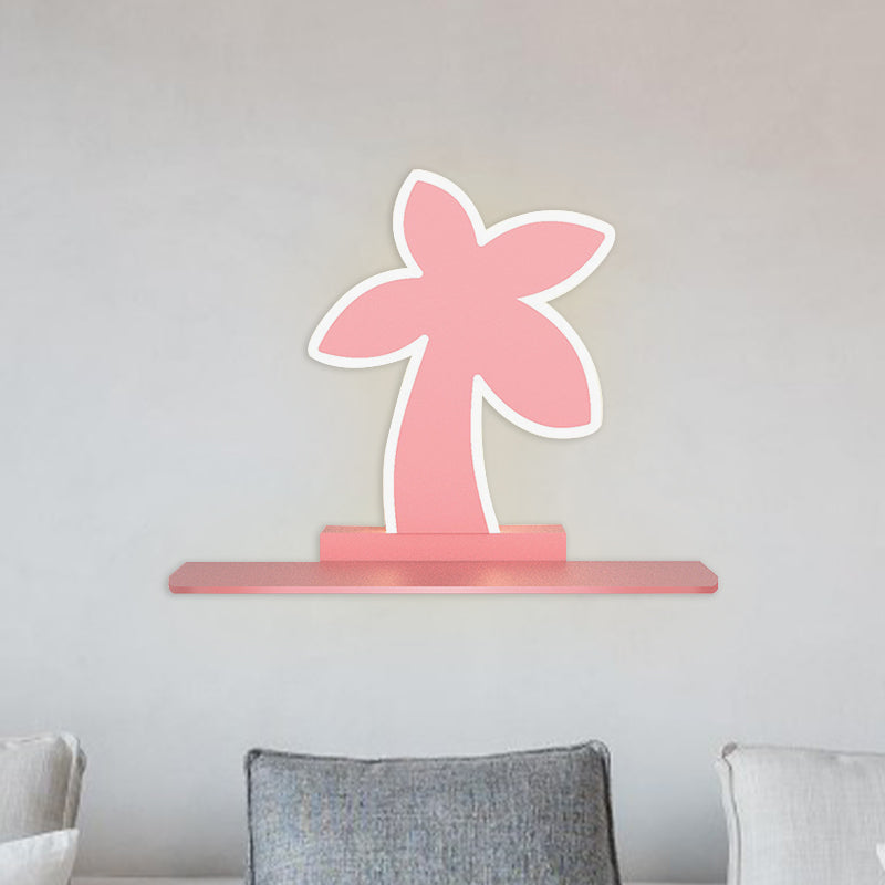 Iron Coconut Tree/Car/Airplane Wall Lighting Cartoon LED Blue/Pink Sconce Lamp Fixture with Storage Desk in White/Warm Light Pink Coconut Tree Clearhalo 'Wall Lamps & Sconces' 'Wall Lights' Lighting' 702249