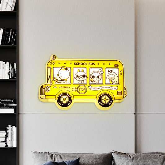 Yellow Bus Shaped Sconce Light Fixture Cartoon LED Plastic Wall Mounted Lamp with Animals Pattern Clearhalo 'Wall Lamps & Sconces' 'Wall Lights' Lighting' 702301