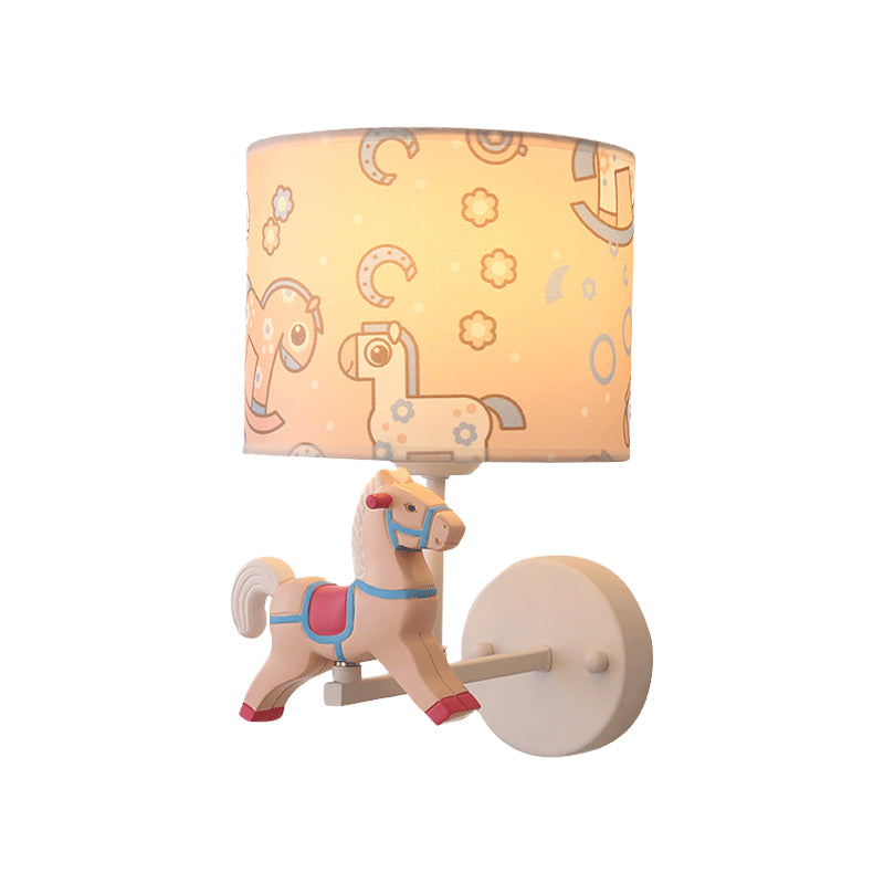 Trojan Horse Shape Wall Light Sconce Cartoon Resin 1 Light LED Pink/Blue Wall Lamp with Drum Fabric Shade Clearhalo 'Wall Lamps & Sconces' 'Wall Lights' Lighting' 702308