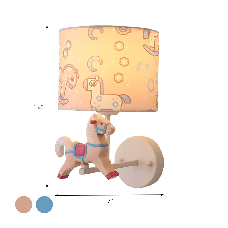 Trojan Horse Shape Wall Light Sconce Cartoon Resin 1 Light LED Pink/Blue Wall Lamp with Drum Fabric Shade Clearhalo 'Wall Lamps & Sconces' 'Wall Lights' Lighting' 702309