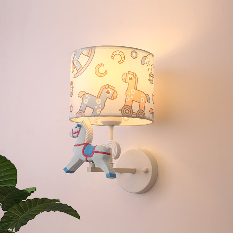 Trojan Horse Shape Wall Light Sconce Cartoon Resin 1 Light LED Pink/Blue Wall Lamp with Drum Fabric Shade Clearhalo 'Wall Lamps & Sconces' 'Wall Lights' Lighting' 702311