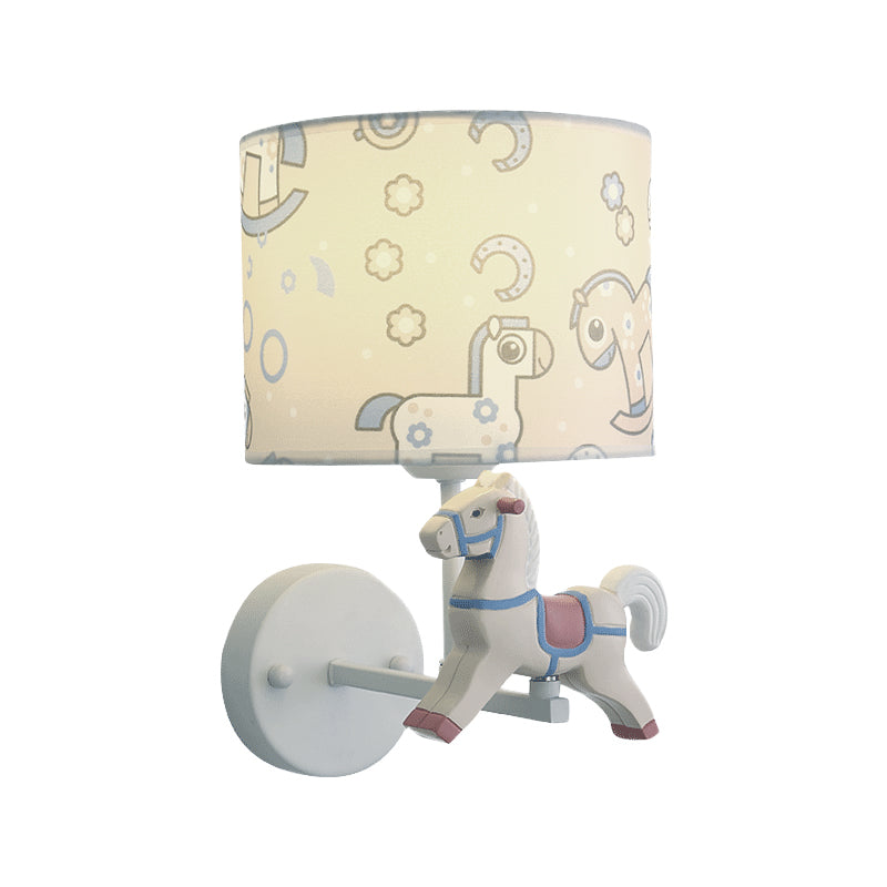 Trojan Horse Shape Wall Light Sconce Cartoon Resin 1 Light LED Pink/Blue Wall Lamp with Drum Fabric Shade Clearhalo 'Wall Lamps & Sconces' 'Wall Lights' Lighting' 702313