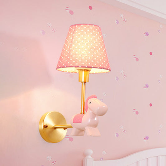 Blue/Pink Trojan Horse Wall Sconce Kids 1 Head Resin LED Wall Lamp with Barrel Star/Dot Fabric Shade Clearhalo 'Wall Lamps & Sconces' 'Wall Lights' Lighting' 702316