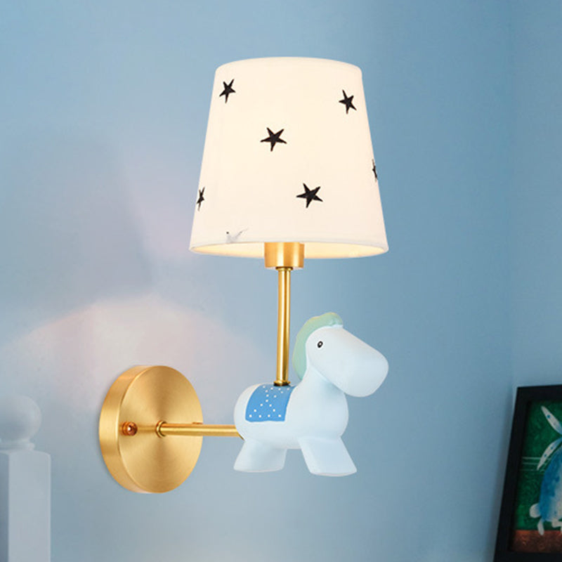 Blue/Pink Trojan Horse Wall Sconce Kids 1 Head Resin LED Wall Lamp with Barrel Star/Dot Fabric Shade Blue Clearhalo 'Wall Lamps & Sconces' 'Wall Lights' Lighting' 702319