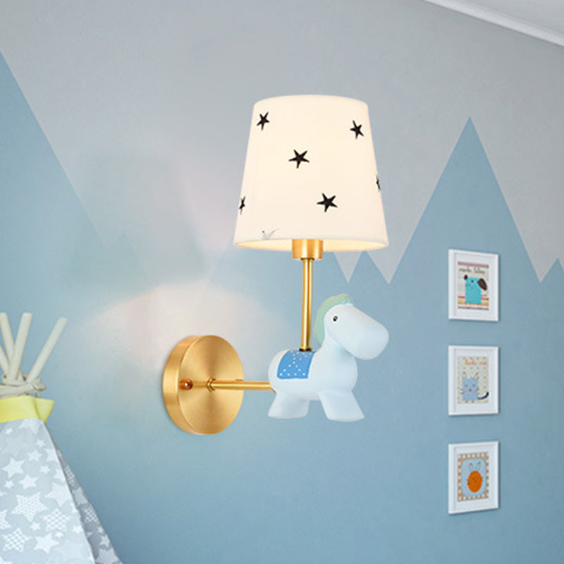 Blue/Pink Trojan Horse Wall Sconce Kids 1 Head Resin LED Wall Lamp with Barrel Star/Dot Fabric Shade Clearhalo 'Wall Lamps & Sconces' 'Wall Lights' Lighting' 702320