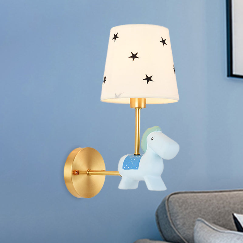 Blue/Pink Trojan Horse Wall Sconce Kids 1 Head Resin LED Wall Lamp with Barrel Star/Dot Fabric Shade Clearhalo 'Wall Lamps & Sconces' 'Wall Lights' Lighting' 702321