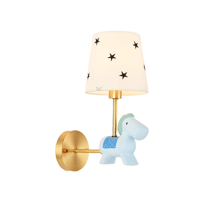 Blue/Pink Trojan Horse Wall Sconce Kids 1 Head Resin LED Wall Lamp with Barrel Star/Dot Fabric Shade Clearhalo 'Wall Lamps & Sconces' 'Wall Lights' Lighting' 702322