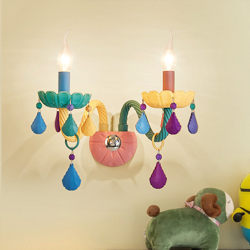 Cartoon Candle Wall Light Fixture Crystal 1/2-Bulb Bedside Wall Sconce in Pink with Droplet Deco Clearhalo 'Wall Lamps & Sconces' 'Wall Lights' Lighting' 702325