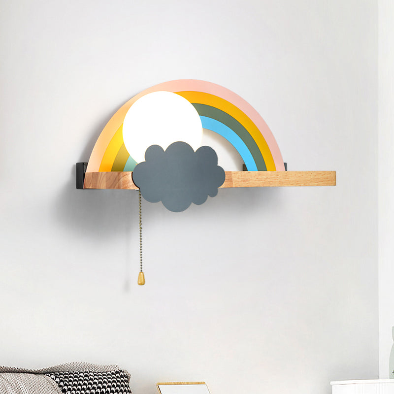 Brown Rainbow and Sun Sconce Light Cartoon 1-Light Metal LED Wall Lamp with Wood Storage Rack and Pull Chain Brown Clearhalo 'Wall Lamps & Sconces' 'Wall Lights' Lighting' 702358