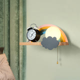 Brown Rainbow and Sun Sconce Light Cartoon 1-Light Metal LED Wall Lamp with Wood Storage Rack and Pull Chain Clearhalo 'Wall Lamps & Sconces' 'Wall Lights' Lighting' 702359