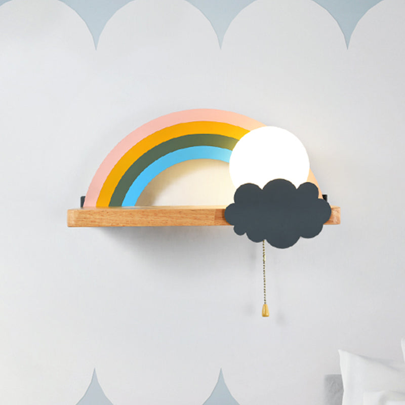 Brown Rainbow and Sun Sconce Light Cartoon 1-Light Metal LED Wall Lamp with Wood Storage Rack and Pull Chain Clearhalo 'Wall Lamps & Sconces' 'Wall Lights' Lighting' 702360