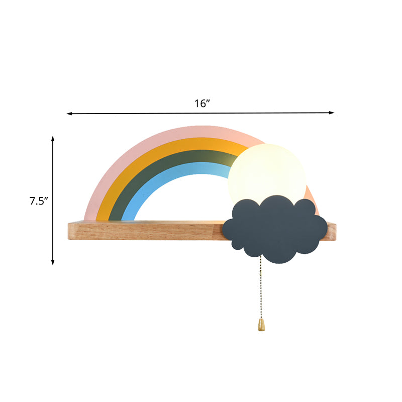 Brown Rainbow and Sun Sconce Light Cartoon 1-Light Metal LED Wall Lamp with Wood Storage Rack and Pull Chain Clearhalo 'Wall Lamps & Sconces' 'Wall Lights' Lighting' 702362