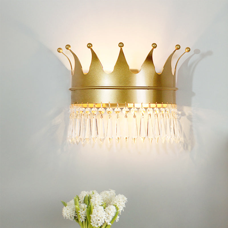 Metal Crown Wall Sconce Lighting Cartoon 2 Heads Gold LED Wall Mount Lamp with Crystal Drop Deco Gold B Clearhalo 'Wall Lamps & Sconces' 'Wall Lights' Lighting' 702363