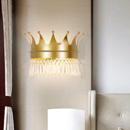 Metal Crown Wall Sconce Lighting Cartoon 2 Heads Gold LED Wall Mount Lamp with Crystal Drop Deco Clearhalo 'Wall Lamps & Sconces' 'Wall Lights' Lighting' 702364