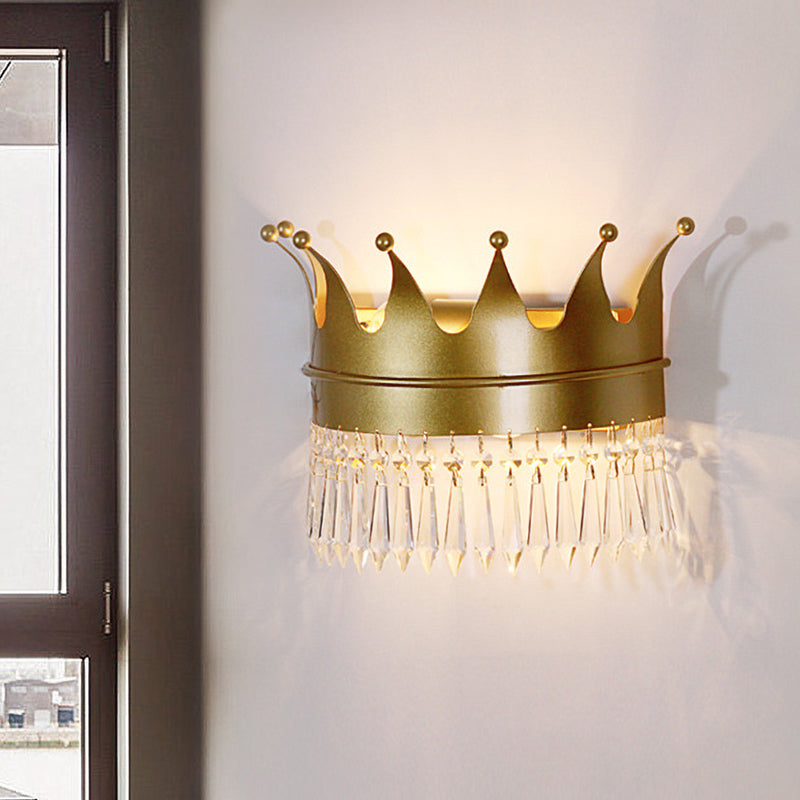 Metal Crown Wall Sconce Lighting Cartoon 2 Heads Gold LED Wall Mount Lamp with Crystal Drop Deco Clearhalo 'Wall Lamps & Sconces' 'Wall Lights' Lighting' 702365