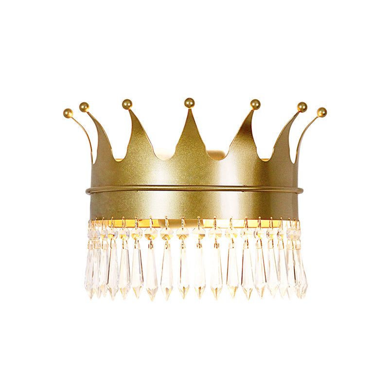 Metal Crown Wall Sconce Lighting Cartoon 2 Heads Gold LED Wall Mount Lamp with Crystal Drop Deco Clearhalo 'Wall Lamps & Sconces' 'Wall Lights' Lighting' 702366