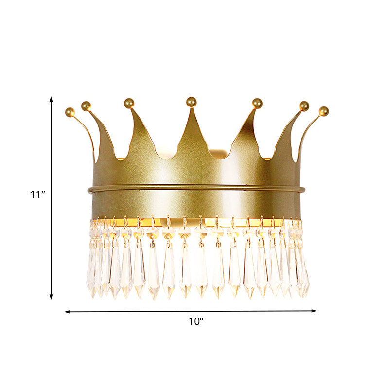 Metal Crown Wall Sconce Lighting Cartoon 2 Heads Gold LED Wall Mount Lamp with Crystal Drop Deco Clearhalo 'Wall Lamps & Sconces' 'Wall Lights' Lighting' 702367