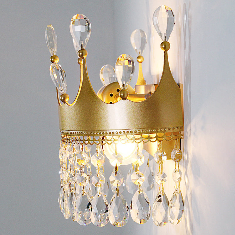 Metal Crown Wall Sconce Lighting Cartoon 2 Heads Gold LED Wall Mount Lamp with Crystal Drop Deco Gold A Clearhalo 'Wall Lamps & Sconces' 'Wall Lights' Lighting' 702368