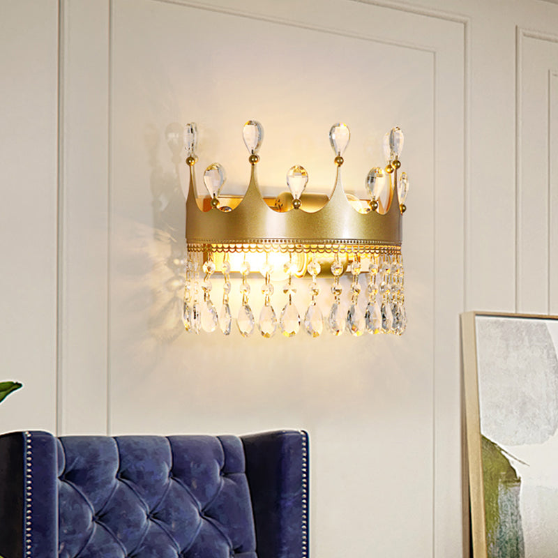 Metal Crown Wall Sconce Lighting Cartoon 2 Heads Gold LED Wall Mount Lamp with Crystal Drop Deco Clearhalo 'Wall Lamps & Sconces' 'Wall Lights' Lighting' 702369