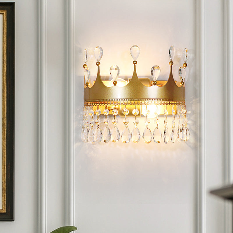 Metal Crown Wall Sconce Lighting Cartoon 2 Heads Gold LED Wall Mount Lamp with Crystal Drop Deco Clearhalo 'Wall Lamps & Sconces' 'Wall Lights' Lighting' 702370