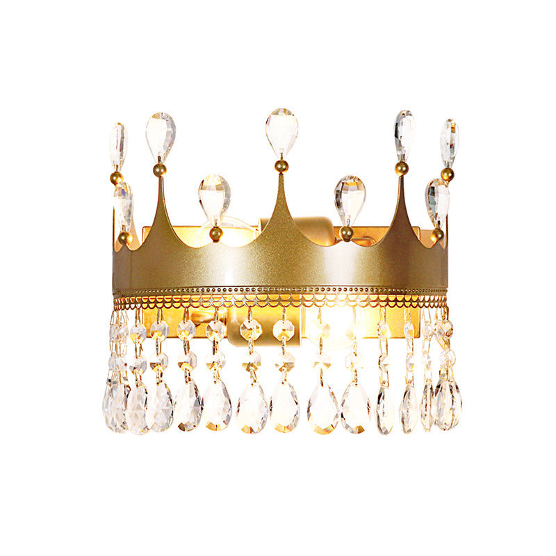 Metal Crown Wall Sconce Lighting Cartoon 2 Heads Gold LED Wall Mount Lamp with Crystal Drop Deco Clearhalo 'Wall Lamps & Sconces' 'Wall Lights' Lighting' 702371