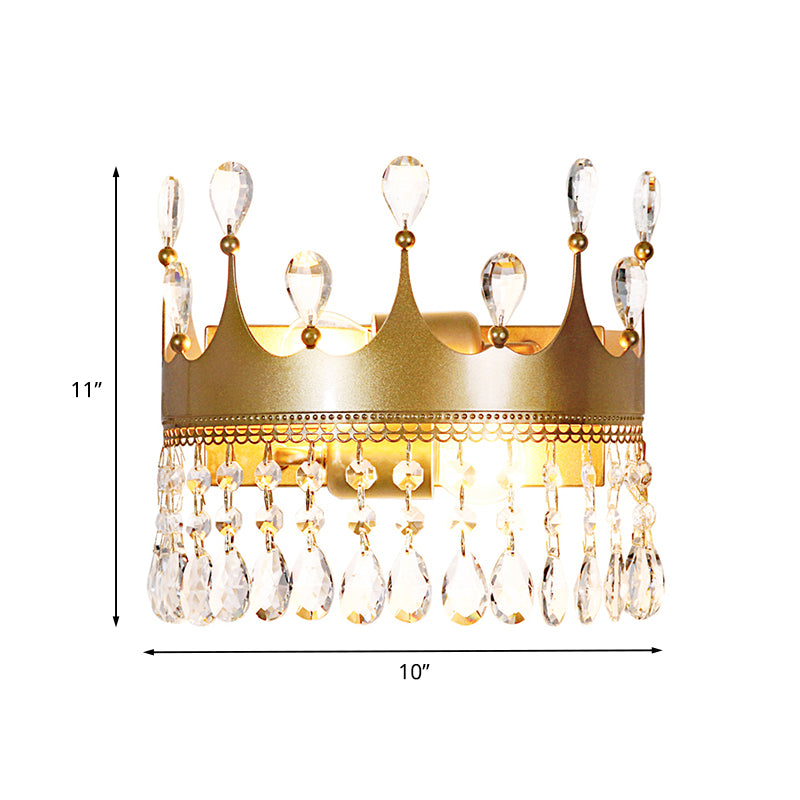 Metal Crown Wall Sconce Lighting Cartoon 2 Heads Gold LED Wall Mount Lamp with Crystal Drop Deco Clearhalo 'Wall Lamps & Sconces' 'Wall Lights' Lighting' 702372