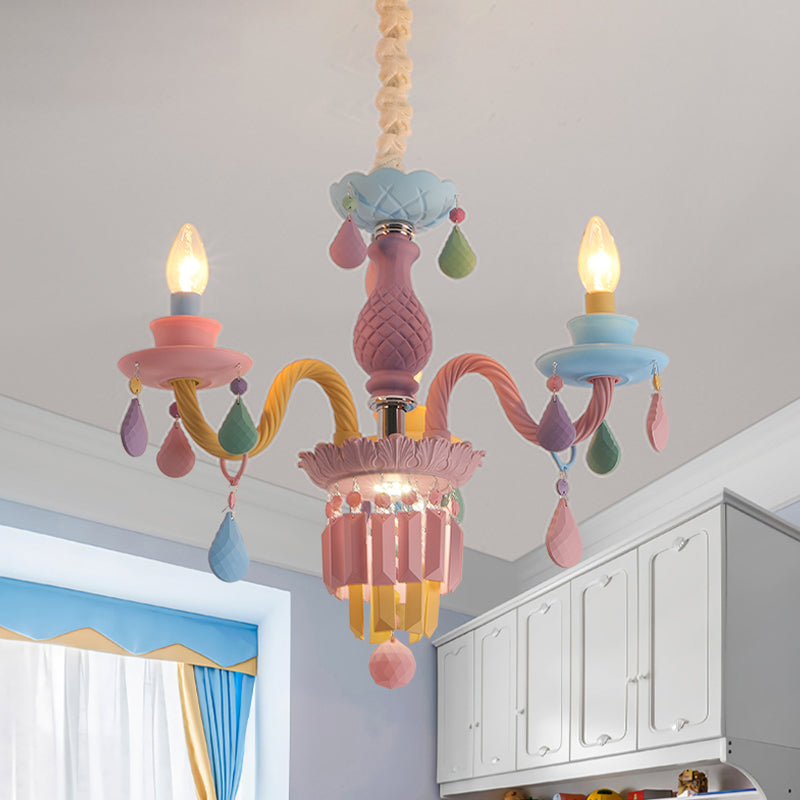 Kids Candle Ceiling Chandelier Crystal 3/5/6-Bulb Girls Bedroom Pendant Lighting in Pink with Curved Arm 3 Pink Clearhalo 'Ceiling Lights' 'Chandeliers' Lighting' options 702418_9351221e-5fc3-4bc8-85e8-2614dae5f4d4