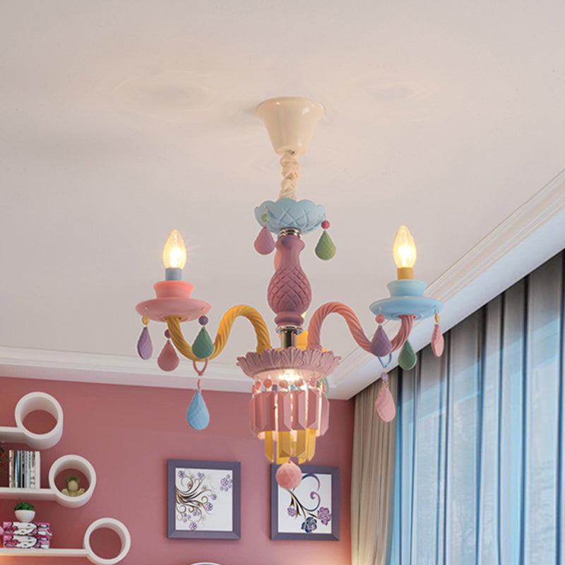 Kids Candle Ceiling Chandelier Crystal 3/5/6-Bulb Girls Bedroom Pendant Lighting in Pink with Curved Arm Clearhalo 'Ceiling Lights' 'Chandeliers' Lighting' options 702419