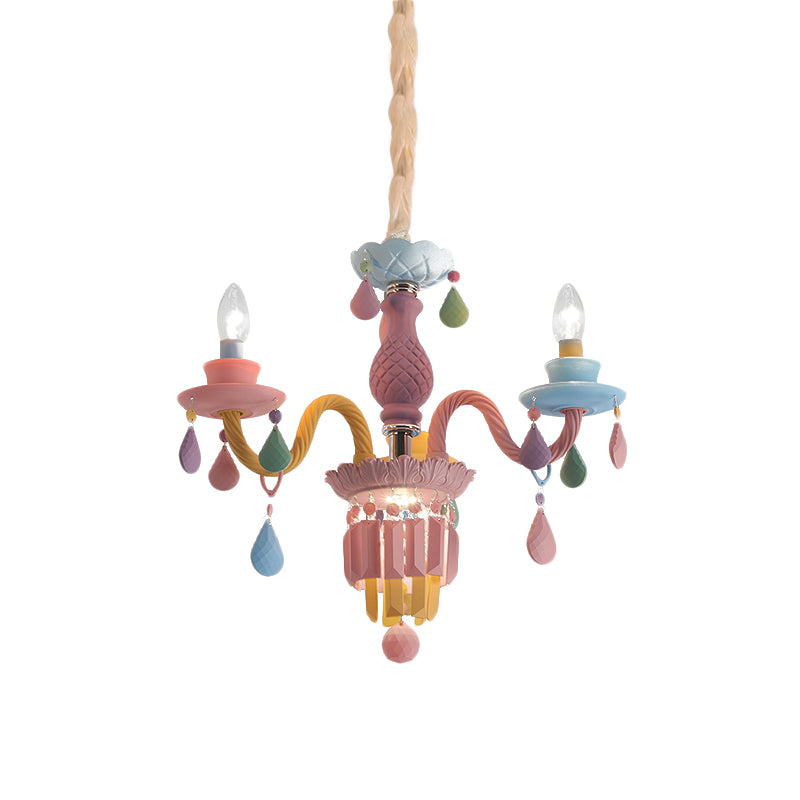 Kids Candle Ceiling Chandelier Crystal 3/5/6-Bulb Girls Bedroom Pendant Lighting in Pink with Curved Arm Clearhalo 'Ceiling Lights' 'Chandeliers' Lighting' options 702420